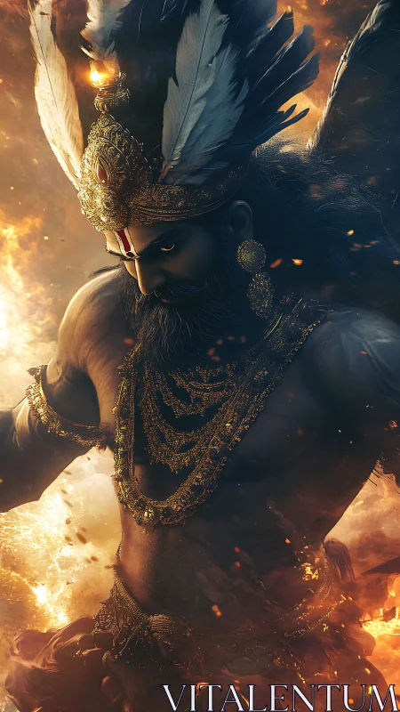 Warrior figure with ornate crown amid fiery background.