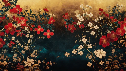 Ornate red and white blossoms glow against gold dusk sky.