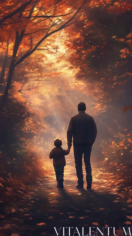 Father and child walking through warm autumn forest light.