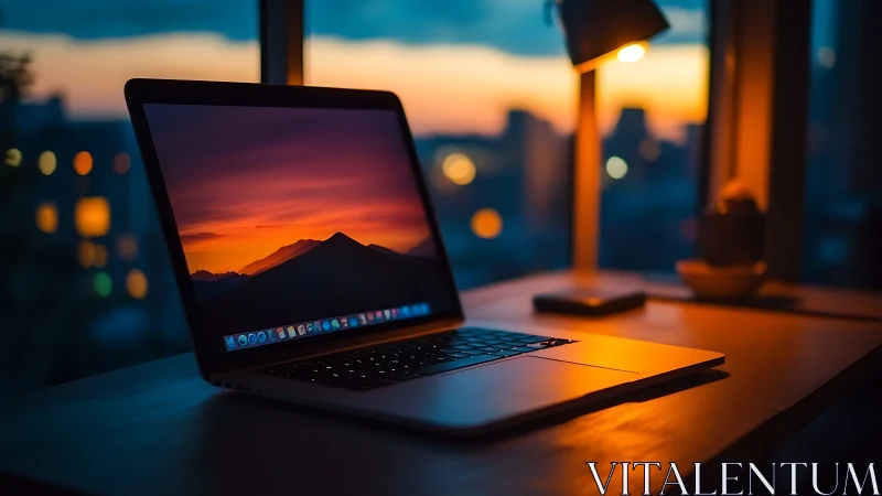 Laptop workspace glows against sunset city skyline backdrop.