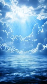 Sunlit cloud cover over calm open ocean horizon scene.