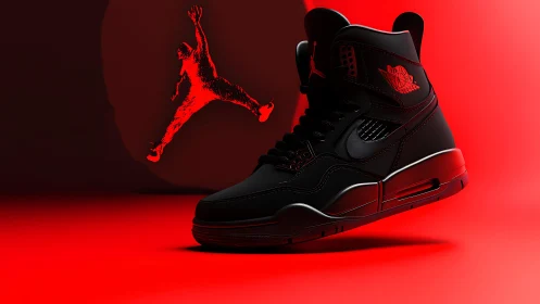 Black basketball sneaker on red gradient background display.