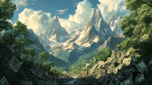 Mountain valley of money contrasts nature and wealth symbolism.