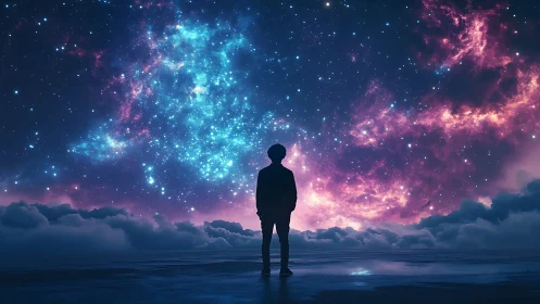 Stargazing dreamer standing beneath a neon painted cosmos.