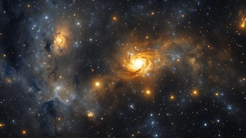 Spiral galaxy with glowing core in dense star field.