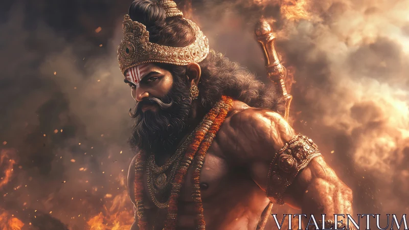 Warrior deity figure stands amid swirling fire and smoke