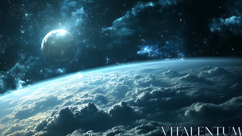 Planetary horizon shows clouded atmosphere and distant world