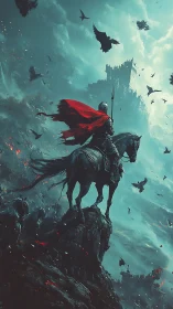 Epic fantasy knight on horseback before storm-wracked citadel.