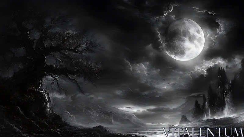 Moonlit wasteland under storm-laden sky, twisted tree looms