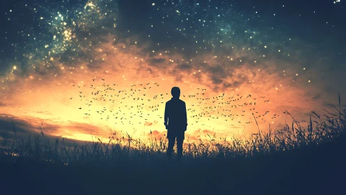 Silhouetted figure studies stellar sky above dusk horizon