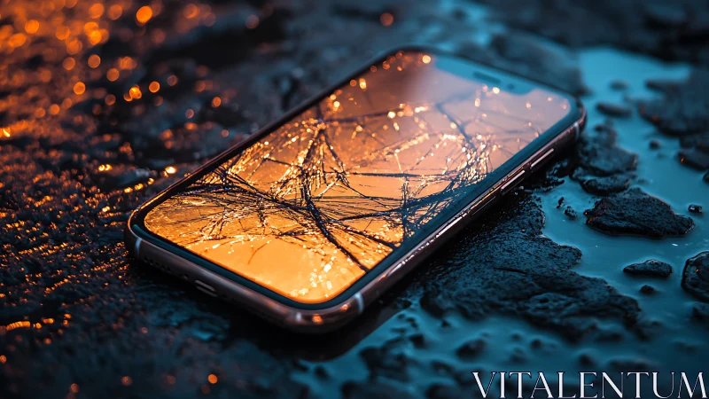 Shattered phone glow on wet pavement at blue hour dusk.