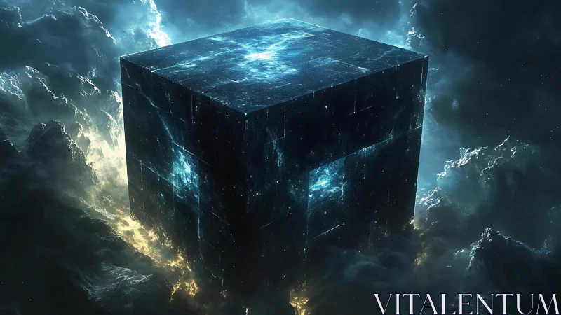 Astro-architectural monolith cube in luminous nebular storm.