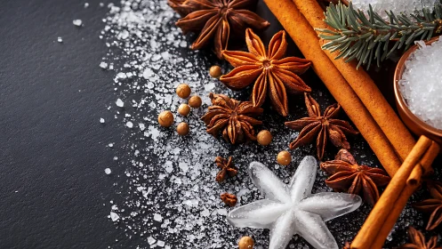 Star anise, cinnamon and ice star lie on dark textured surface