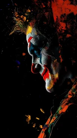 Side profile of painted clown in dark abstract space.