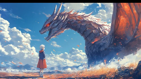 Storm-eyed dragon meets fearless child beneath wild skies.