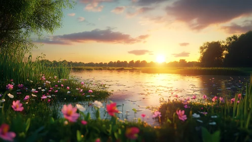 Sunlit wetland pond renders layered floral foreground depth