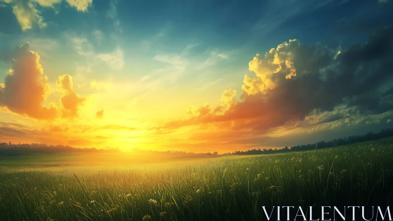 Luminous sunrise spreads over dewy meadow and distant treeline