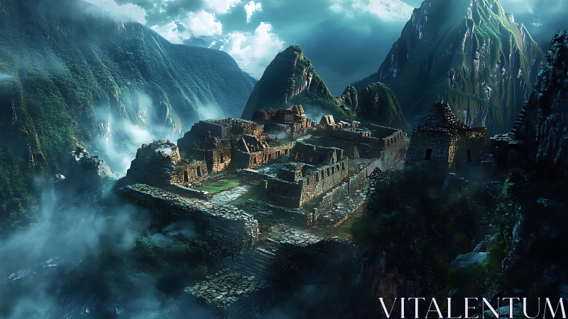 Mystic mountain ruins wrapped in clouds and emerald light.