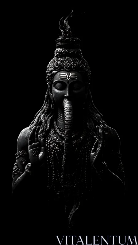 Divine hybrid deity emerges in dramatic monochrome light.