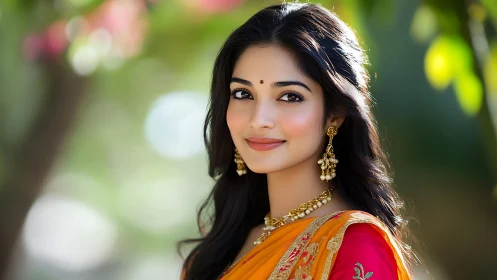 Graceful woman in golden saree under soft garden light.