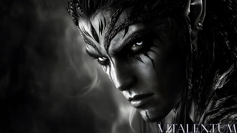 Monochrome dark elf portrait renders high-contrast intensity