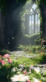 Sunlit stone corridor with overgrown window and garden floor