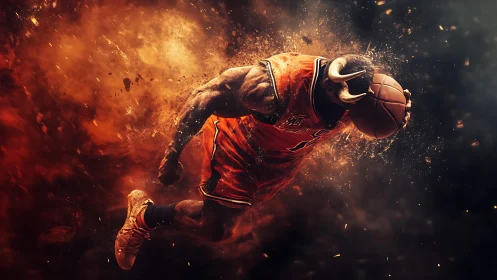 Fiery basketball hero soaring through a dramatic night sky.