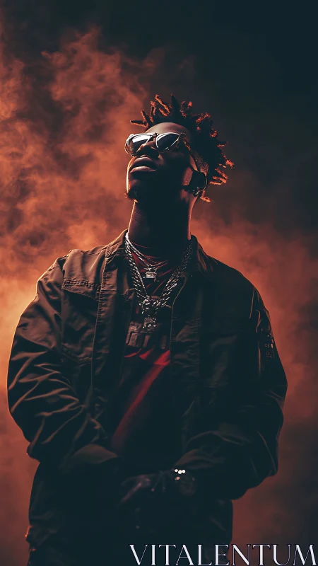 Cinematic portrait in dramatic backlit smoke and shadow.