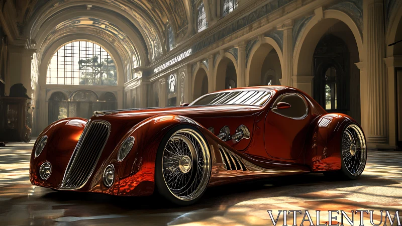 Streamlined red concept coupe in ornate hall interior.