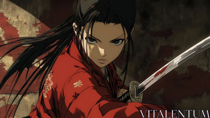 Scarlet kimono carves a silver arc through war stained dusk