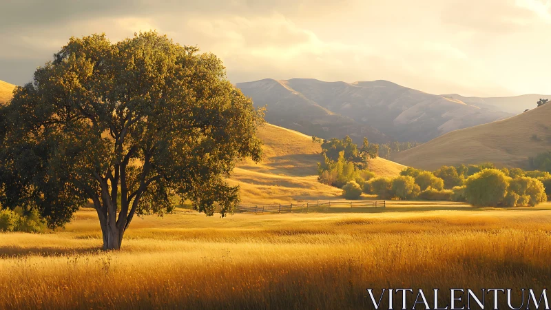 Golden rural valley landscape with lone tree at sunset.