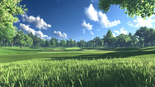 Sunlit golf fairway with lush rough grass and bright foliage.