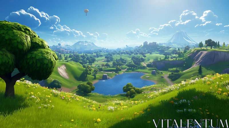 Sunlit cartoon valley stretches toward distant crystal peaks