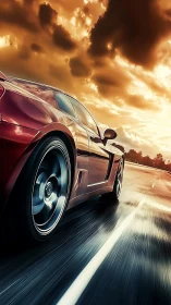 Crimson sports car racing into a dramatic golden sunset.