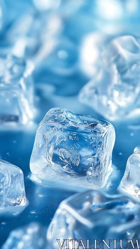Glistening ice cube macro on cool blue reflective surface.