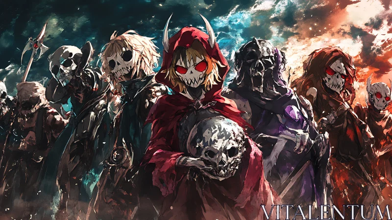 Hooded skeletal figures with red eyes in fractured landscape.