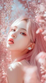 Female subject with pink hair amid dense pastel foliage