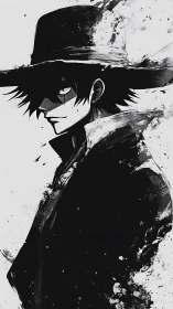 Ink-splattered anime gunslinger in wide-brimmed hat stands.