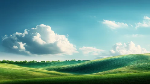 Gentle green hills under soft clouds and a calm blue sky.