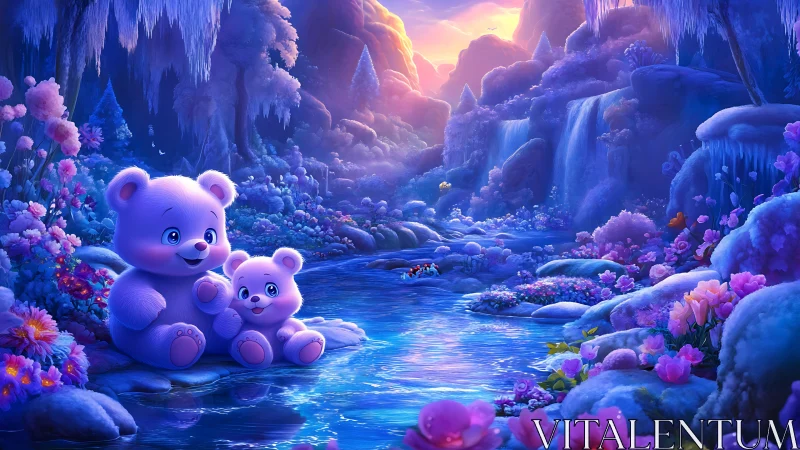 Bioluminescent valley stream with stylized pastel bear duo.