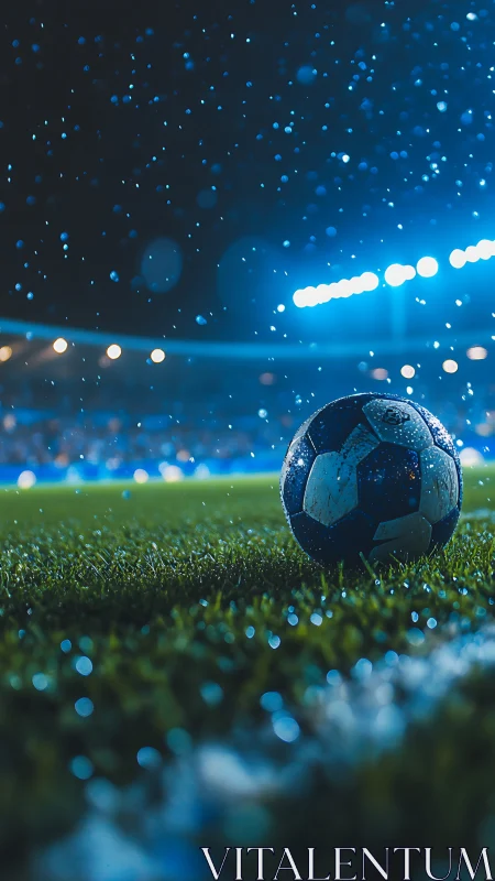 Rain soaked football on floodlit stadium turf at night
