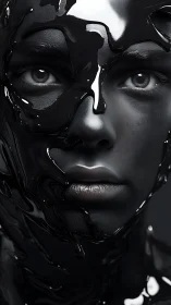 Liquid shadows embracing a calm, expressive human face.