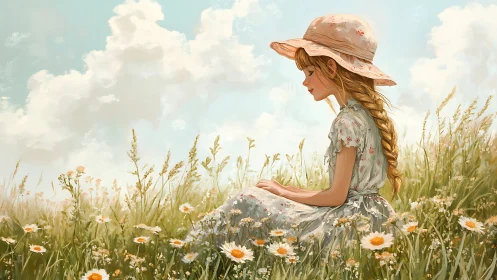 Girl in field portrait: Seated figure in pastoral landscape with blooms.