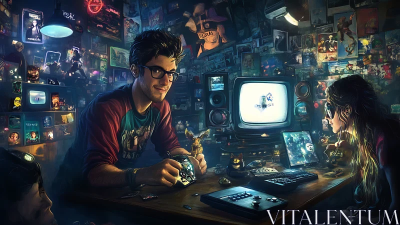 Retro gaming den glows with nostalgic neon and shared wonder