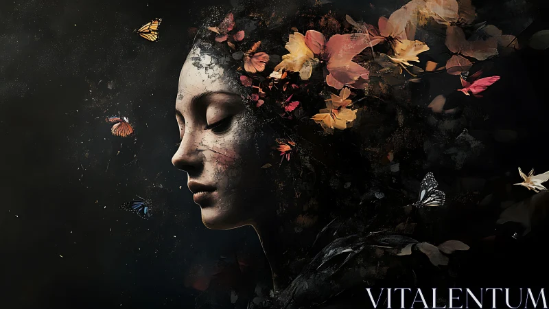 Silent bloom of a dreamlike woman crowned in butterflies.