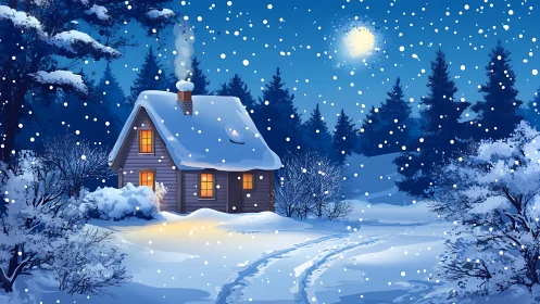 Snowfall over moonlit cabin with warm interior glow at night.