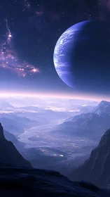 Alien valley under gas giant rendered in luminous chiaroscuro