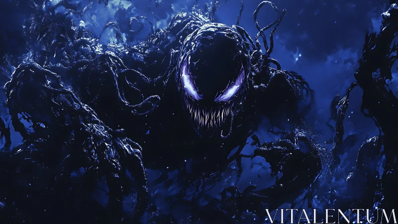 Symbiotic shadow entity with glowing eyes in deep blue void.