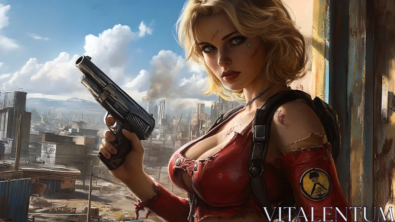 Armed blonde mercenary overlooking postwar industrial ruins