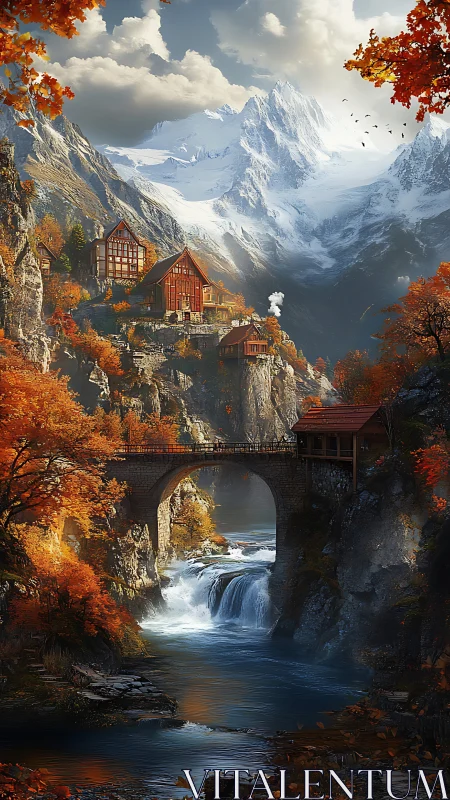 Mountain village bridge above autumn river gorge cascade